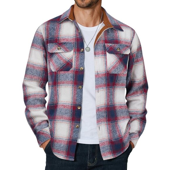 Coofandy Men Blue Red-line Flannel Plaid Button Down Jacket Shirt with Pockets - Picture 1 of 5